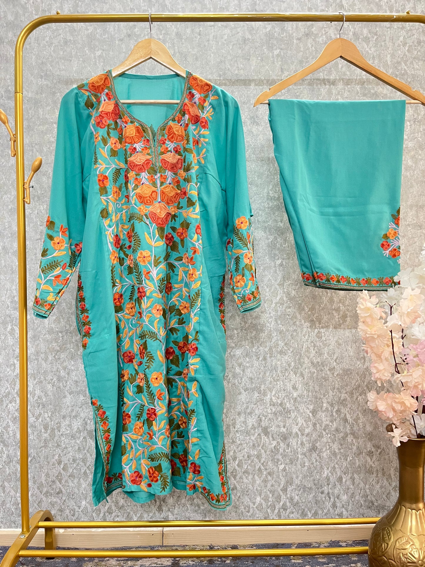 Sea Green Cotton Front Jaal Pheran Set  Size (46)