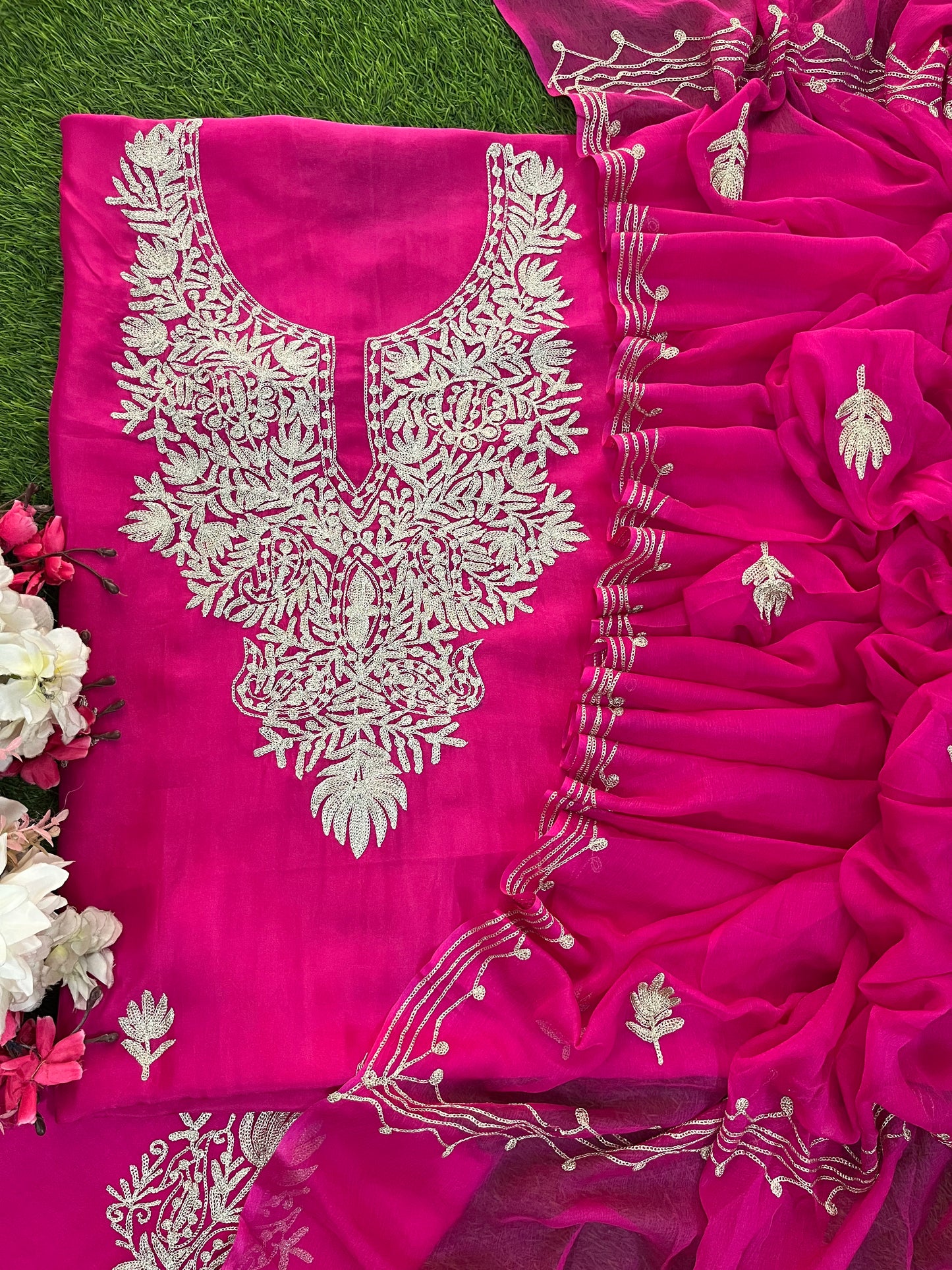 Hot Pink Silk Tilla Kashmiri Suit