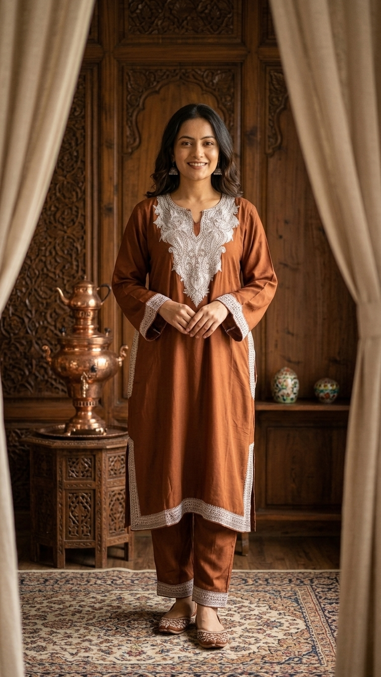 Coffee Stitched Crape Pheran Set with dupatta (46)