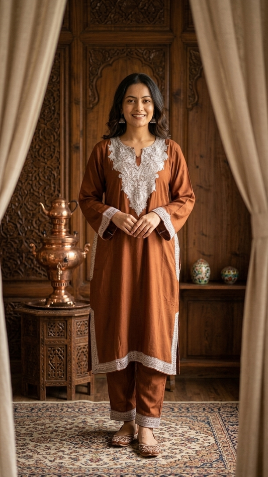 Coffee Stitched Crape Pheran Set with dupatta (46)