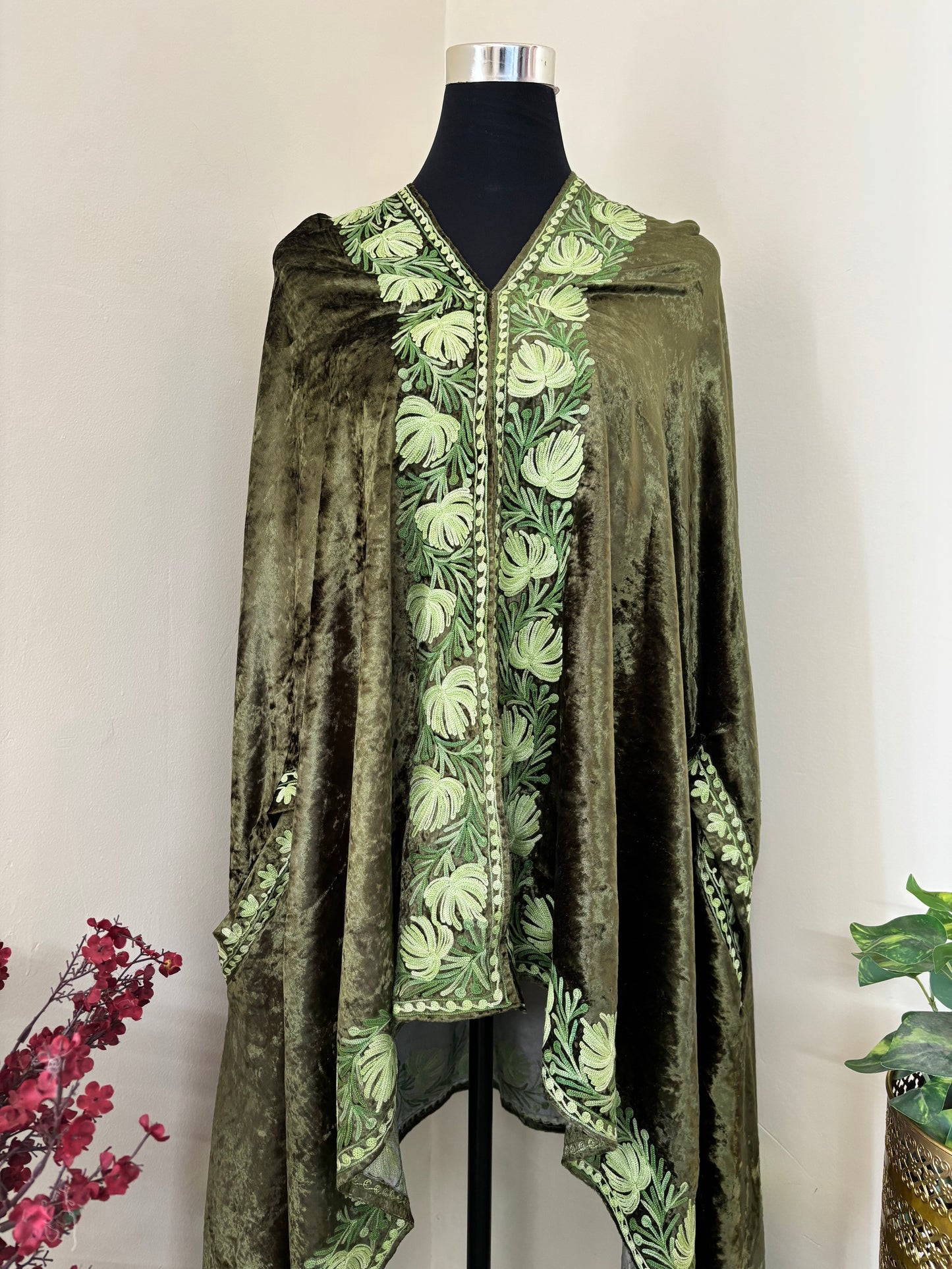 Olive Green Aari Embroidered Makhmal Cape