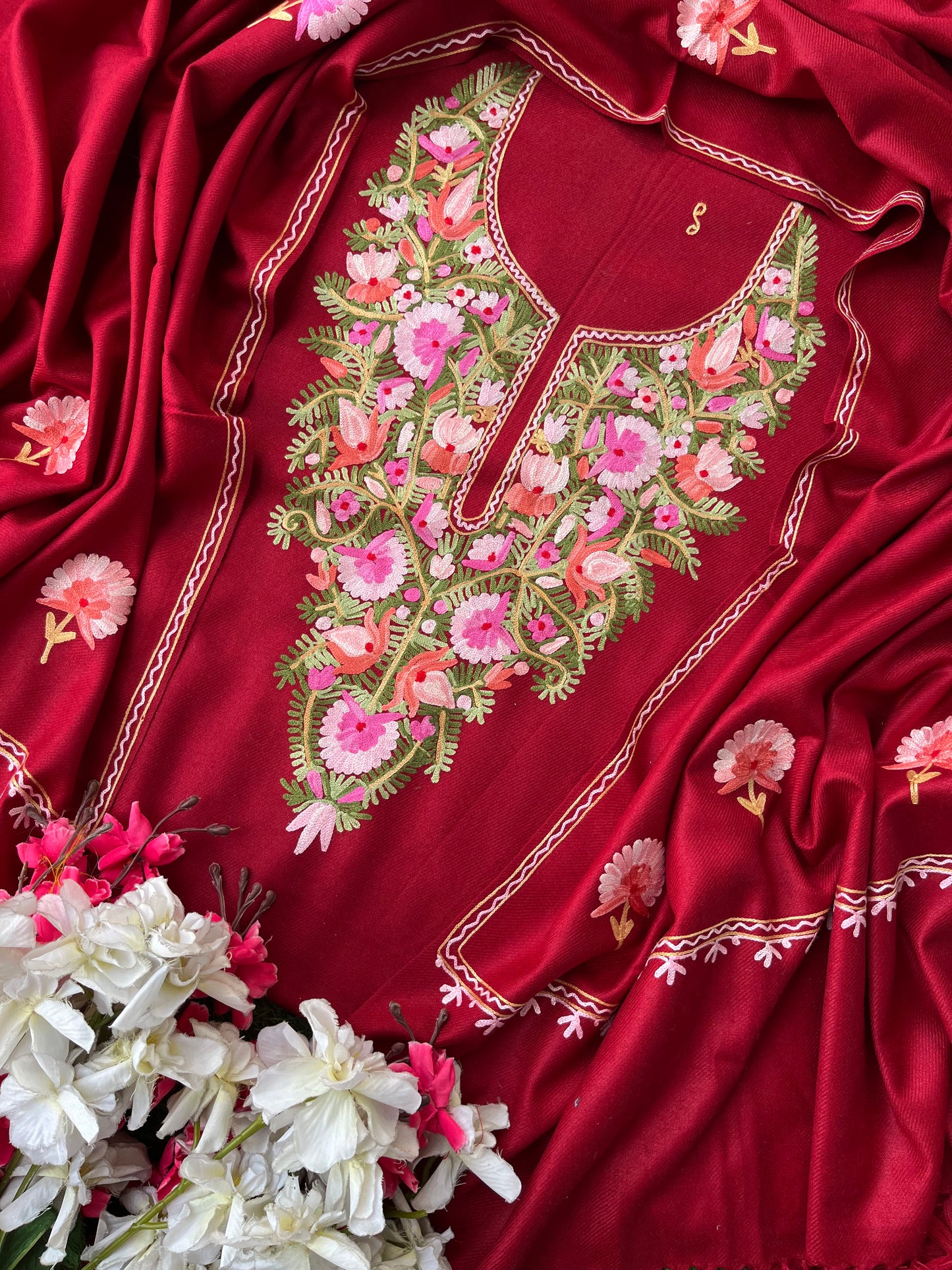 Maroon Woollen Aari Embroidered 3pc suit