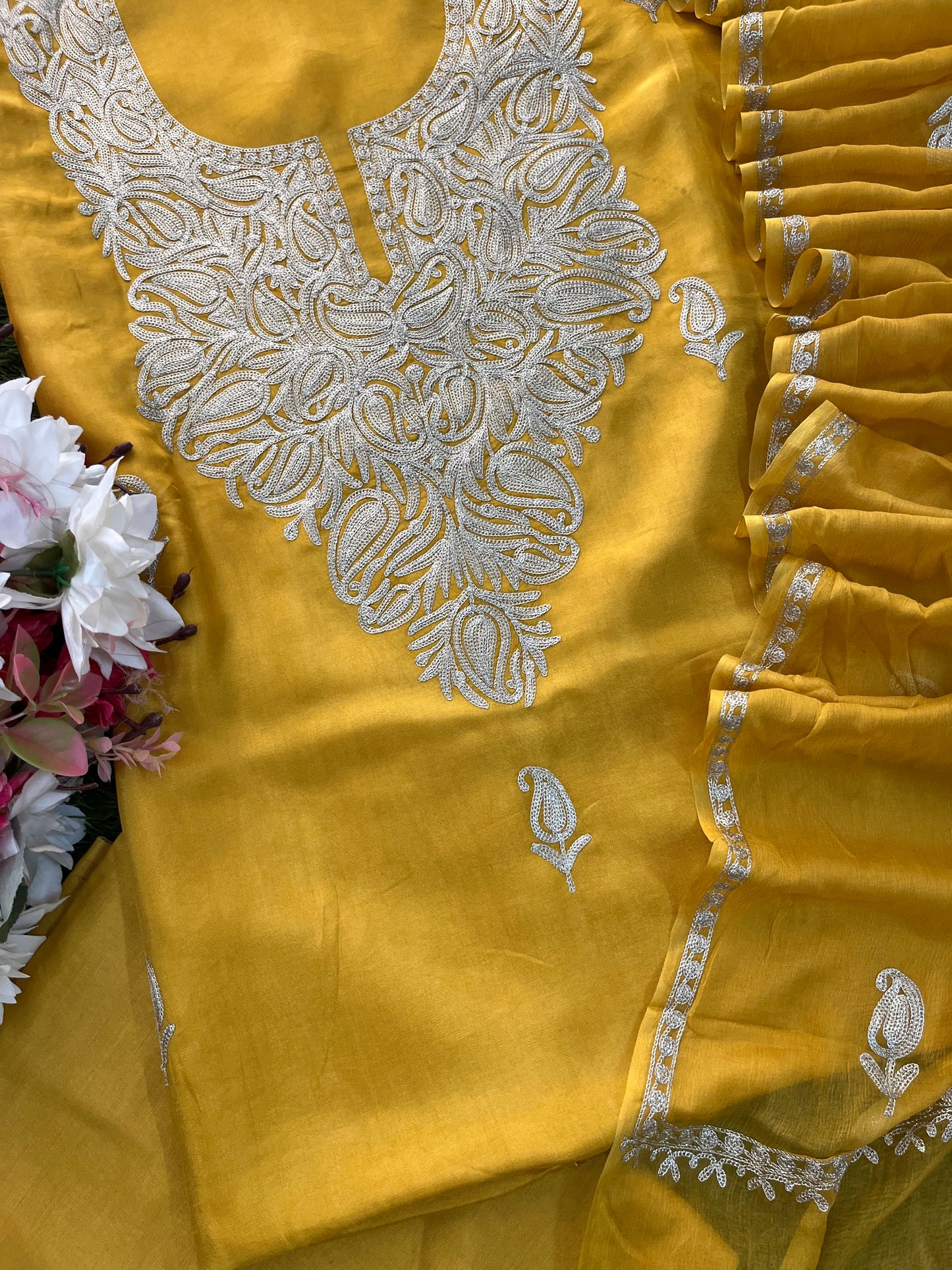 Golden Yellow Silk Tilla Kashmiri Suit