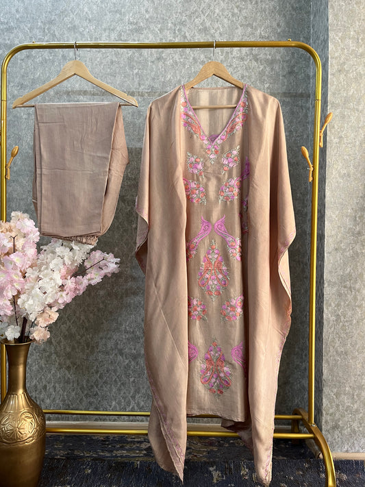 Beige Opada Silk Kashmiri Kaftan Set