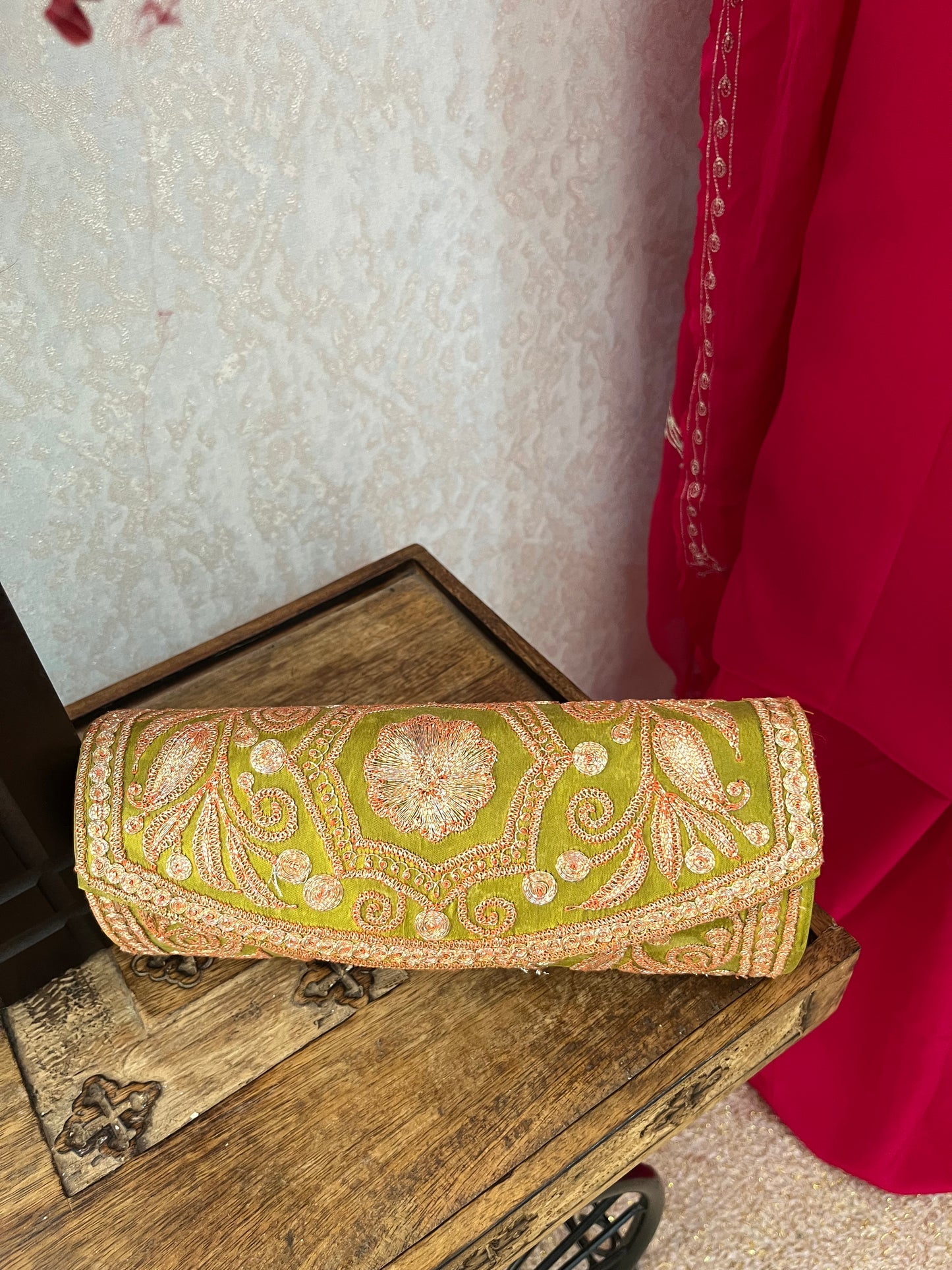 Fuchsia Pink Crape Kashmiri Suit with Clutch