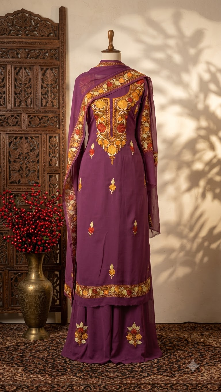 Mauve Georgette 3 Pc Aari Embroidered Suit Set