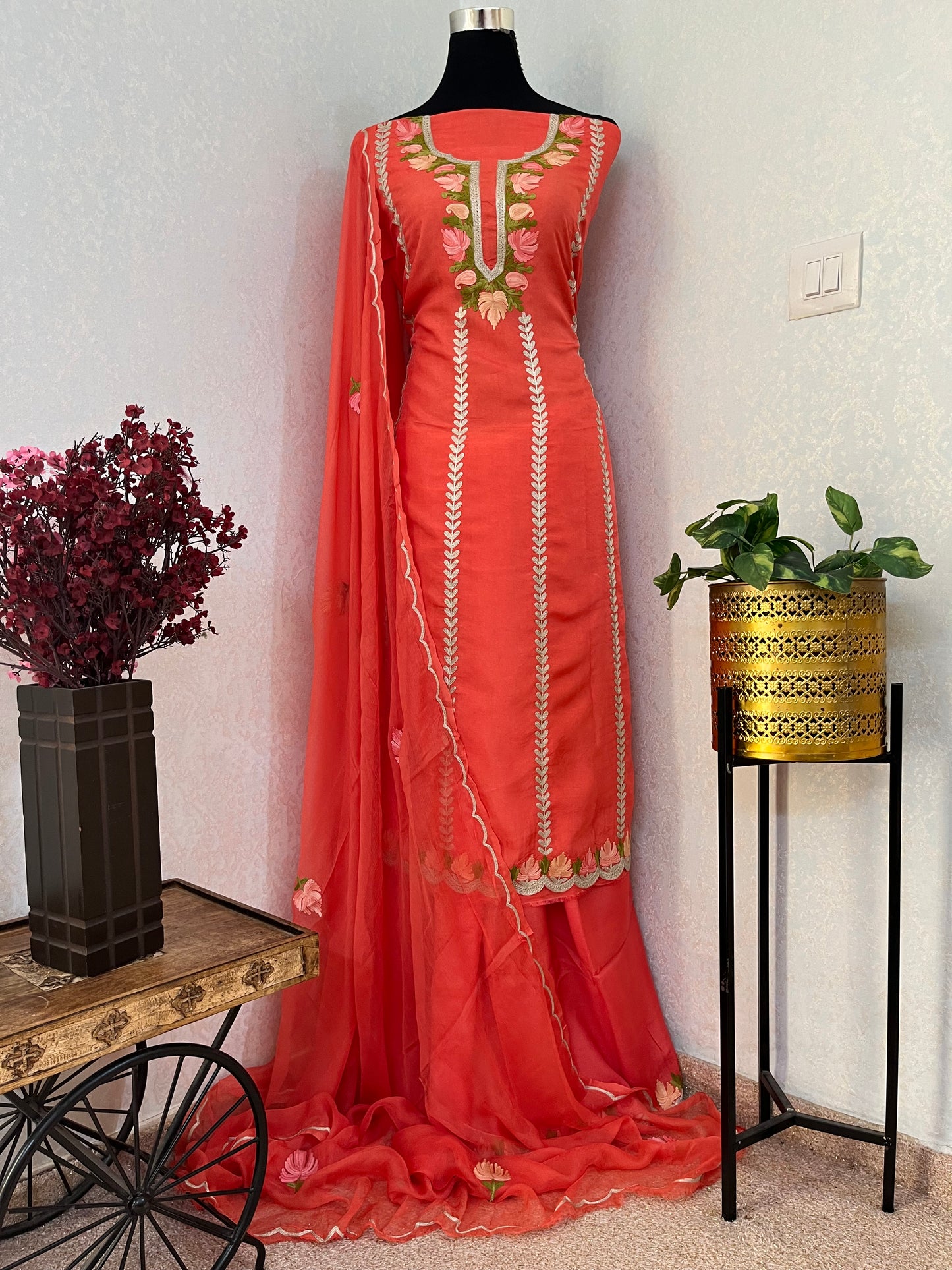 Sanam’ Orange Silk Aari Embroidered Suit material