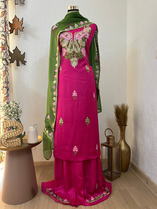 Hot Pink Satin Cotton Kashmiri Suit