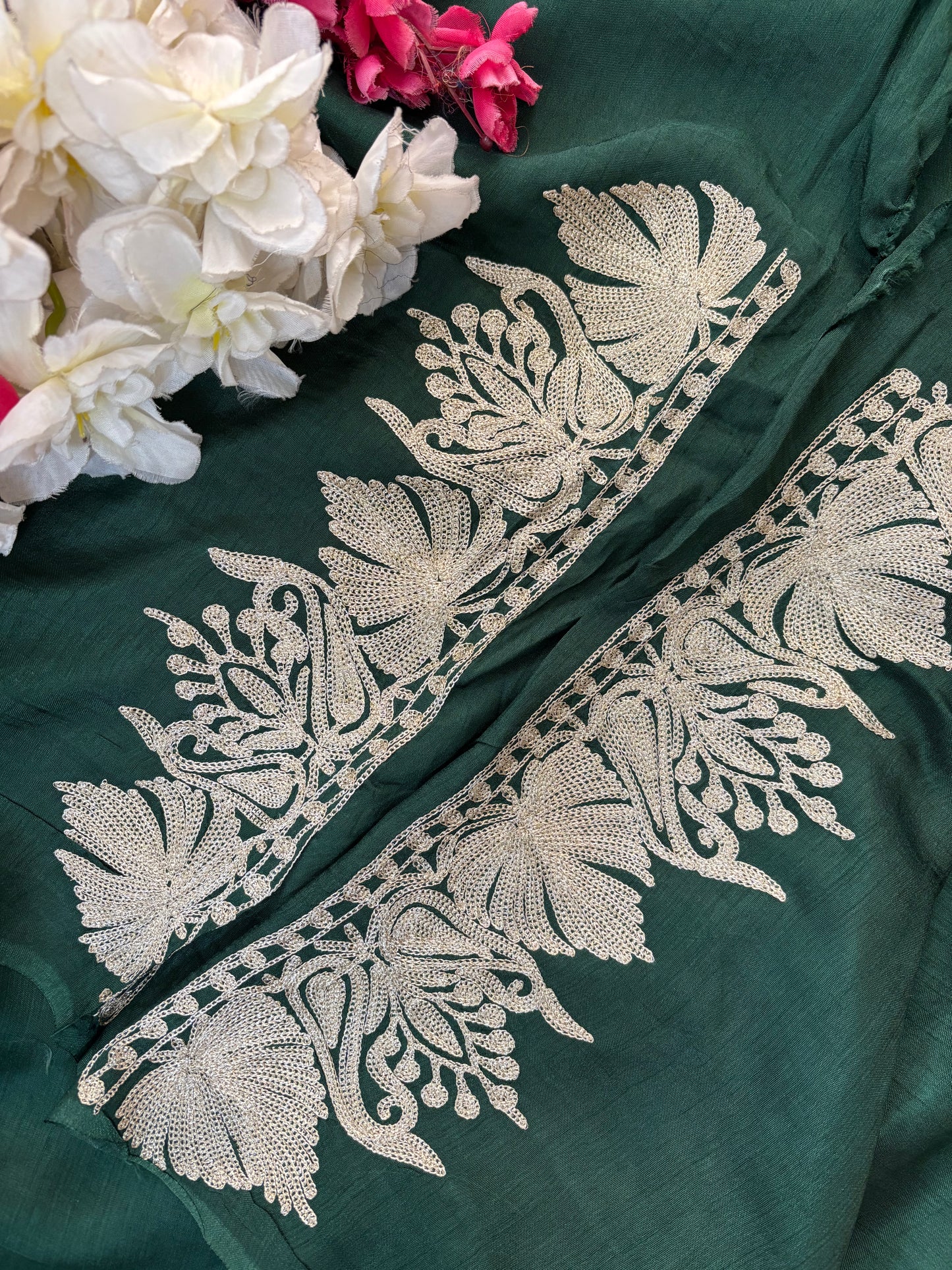 Sanam Bottle Green Silk Kashmiri Suit