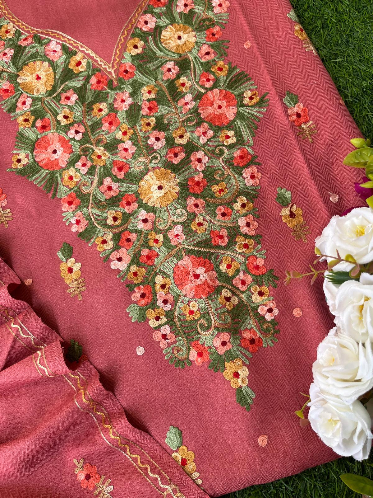 Pink Woollen Aari Embroidered 3pc suit