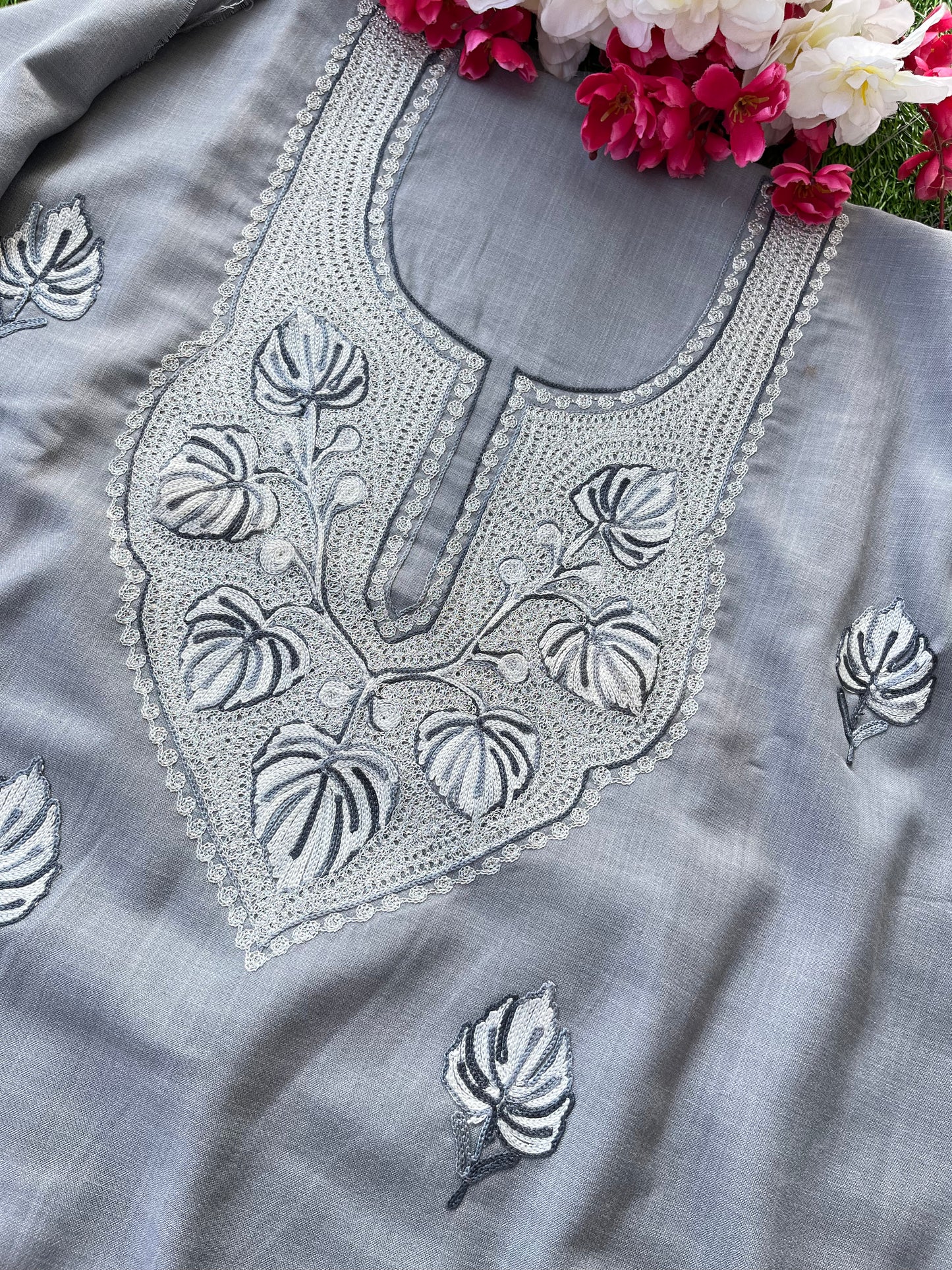 Grey Cotton Unstitched Aari Work Kurti