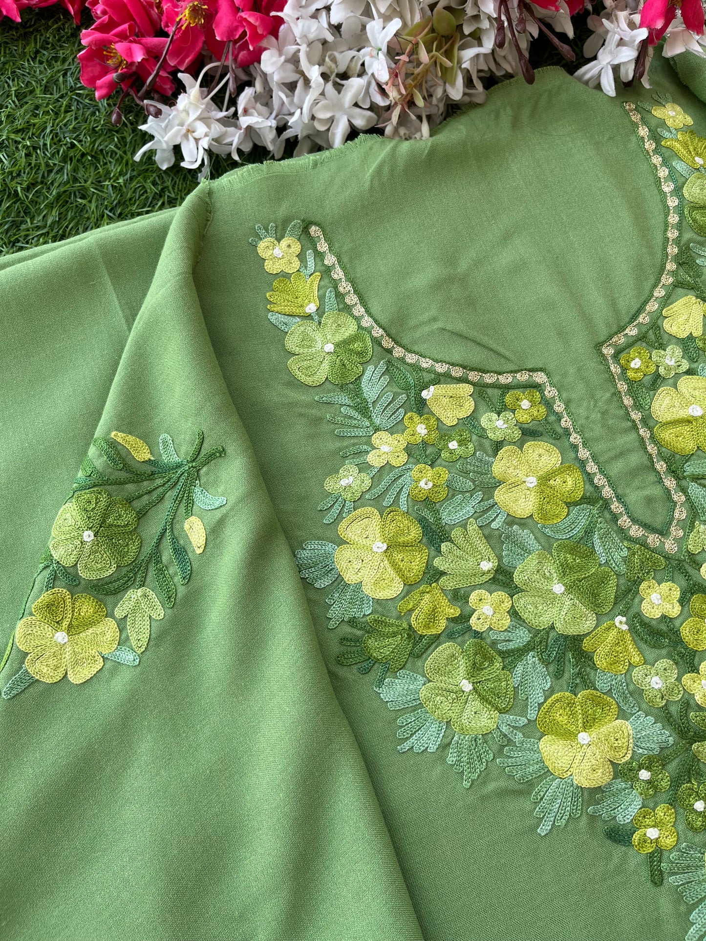 Pastel Green Aari Embroidered Cotton Suit Set