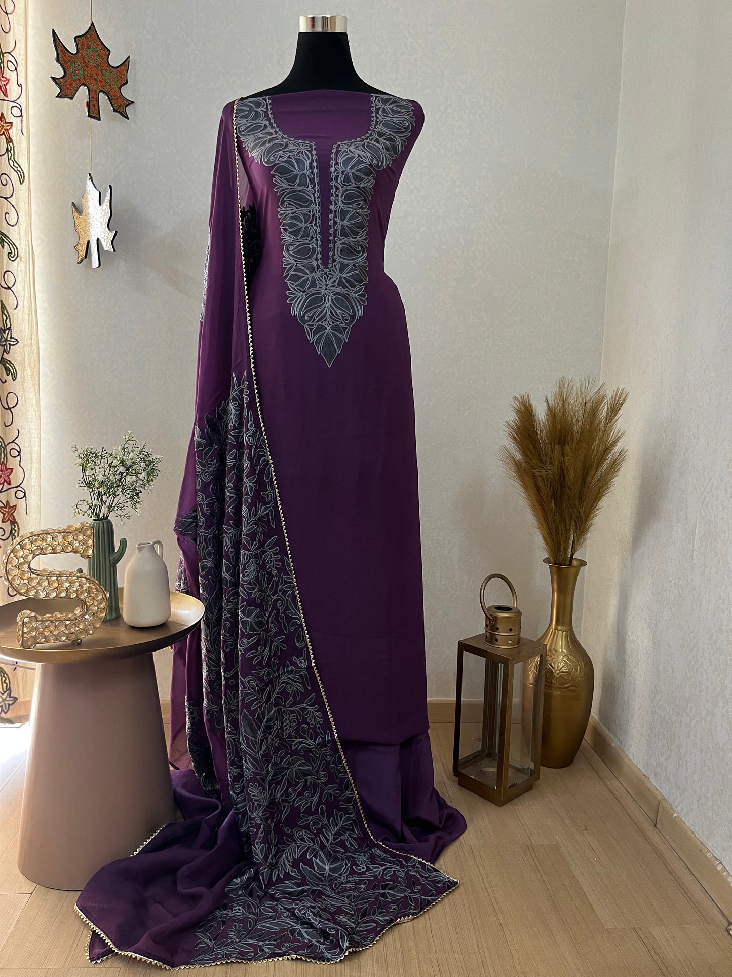 Purple Pure Georgette 3 Pc Heavy Kashmiri Suit