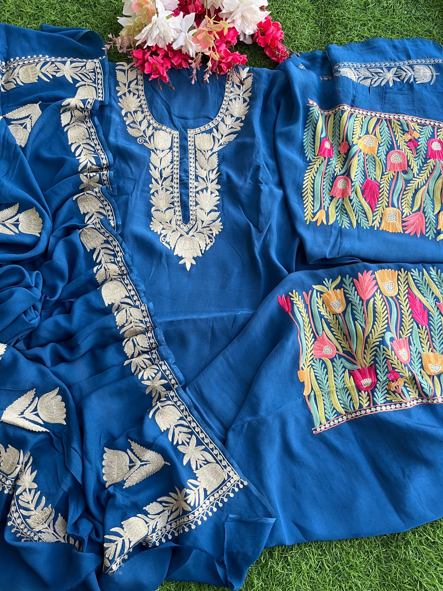 Blue Kalaa’ Crape Kashmiri Suit (Aari Sleeves)