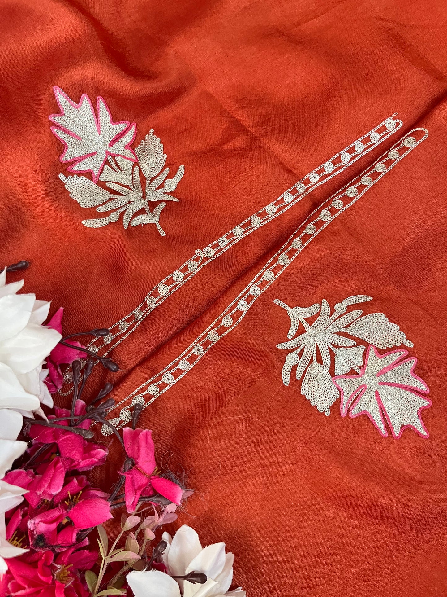 Sweet Orange Silk Tilla Kashmiri Suit