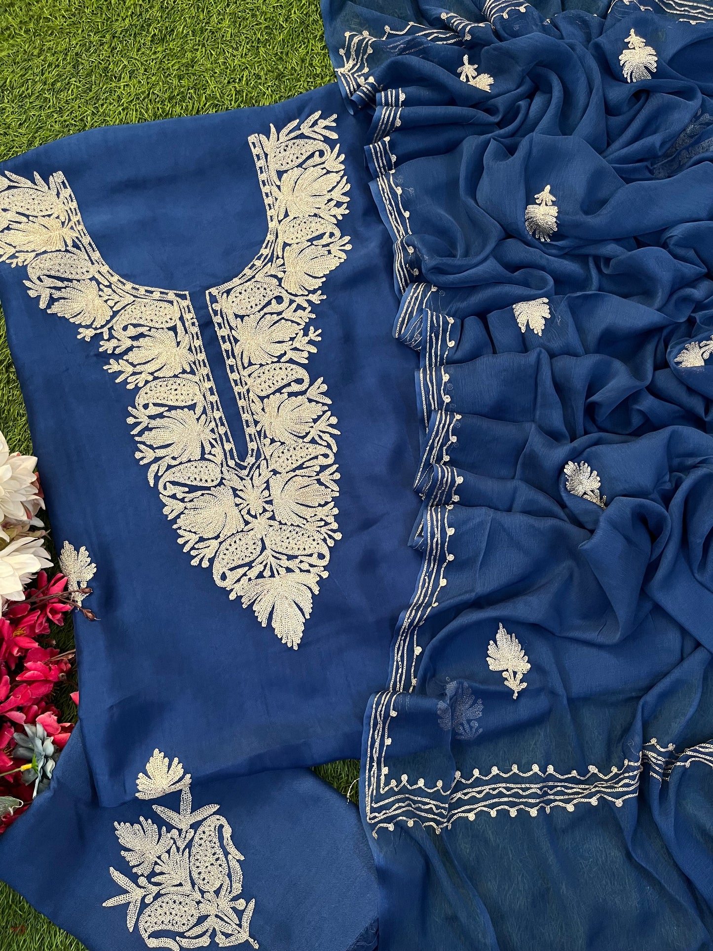 Electric Blue Silk Tilla Kashmiri Suit