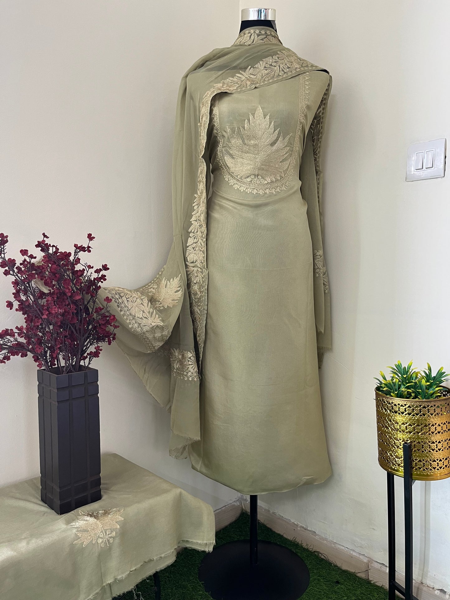 Sanam’  Pastel Green Tilla Embroidered Suit material (On Order)