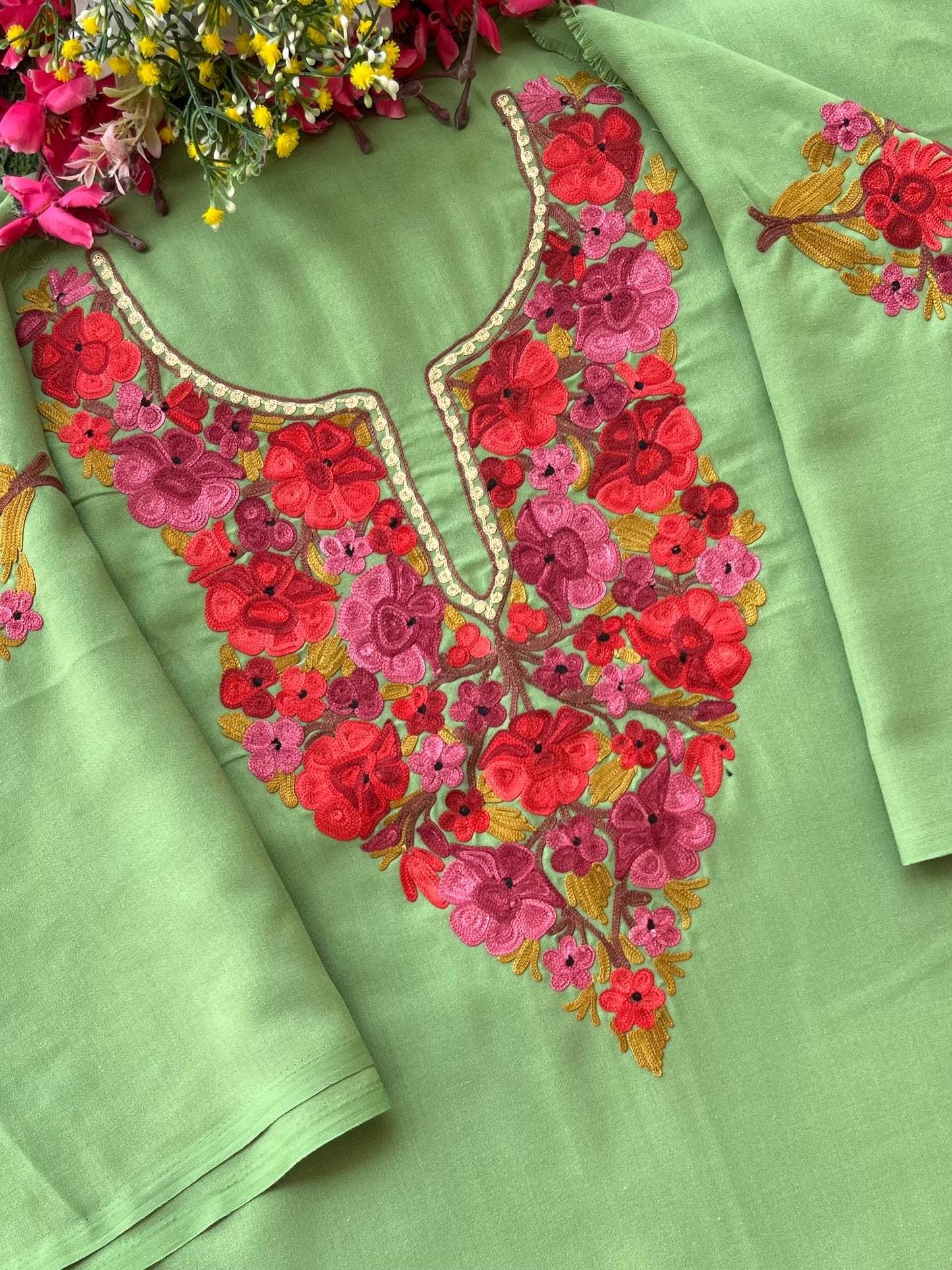 Pastel Green Aari Embroidered Cotton Suit Set