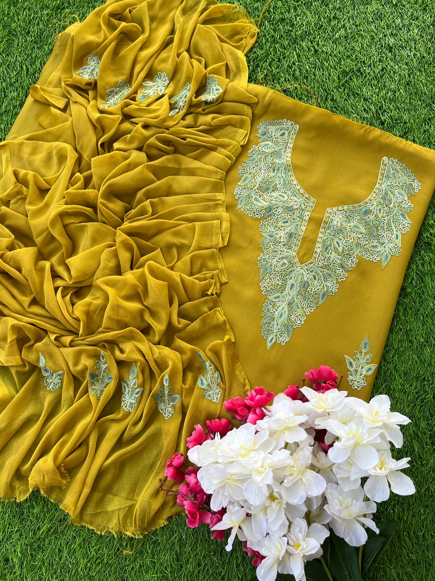 Yellow Green Ruby Pink Aari Embroidered 3pc set