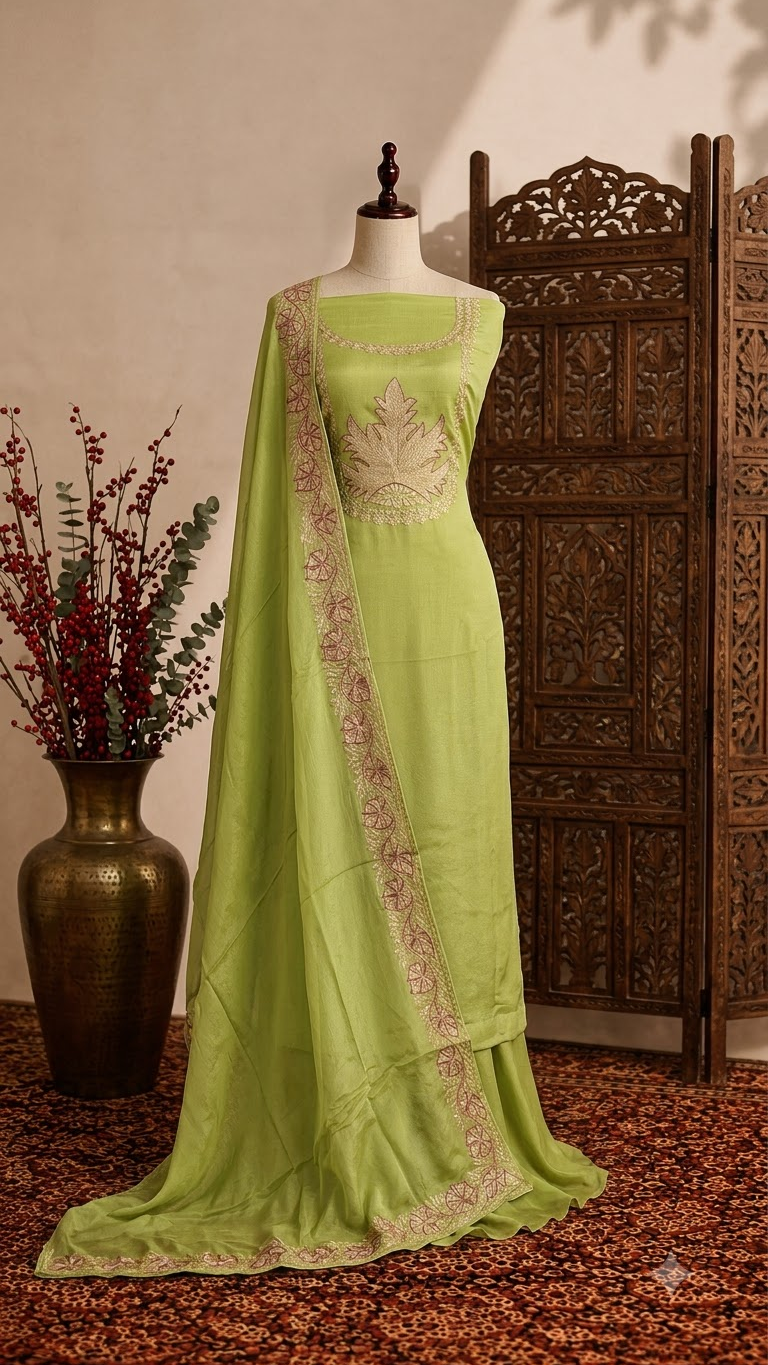 Lime Green Chinon 3 Pc Aari Embroidered Suit