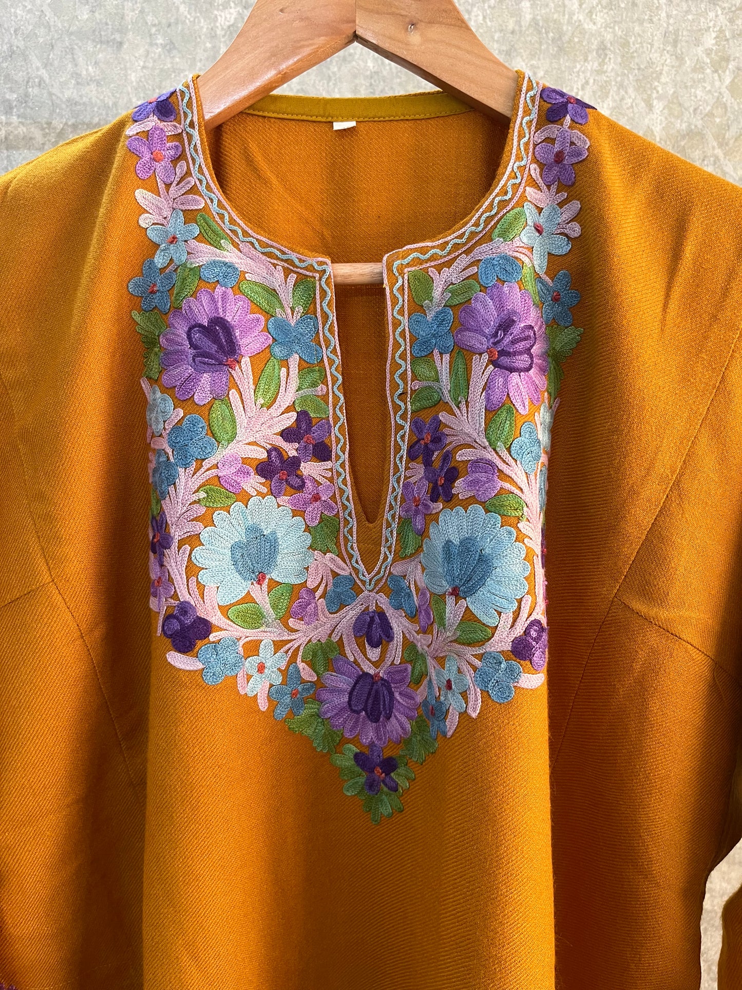 Mustard Yellow Aari Embroidered Wool Pheran