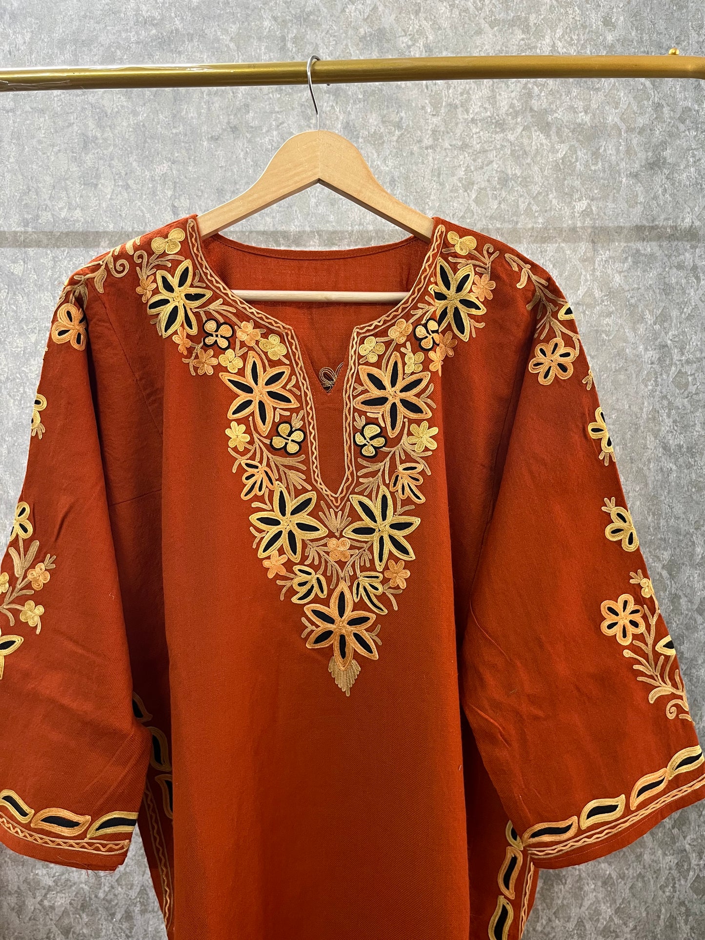 Rust Aari and Sozni Hand Embroidered Pure Wool Pheran