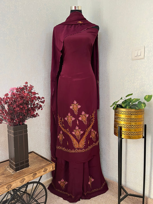 Wine Kalaa’ Crape Sozni Kashmiri Suit