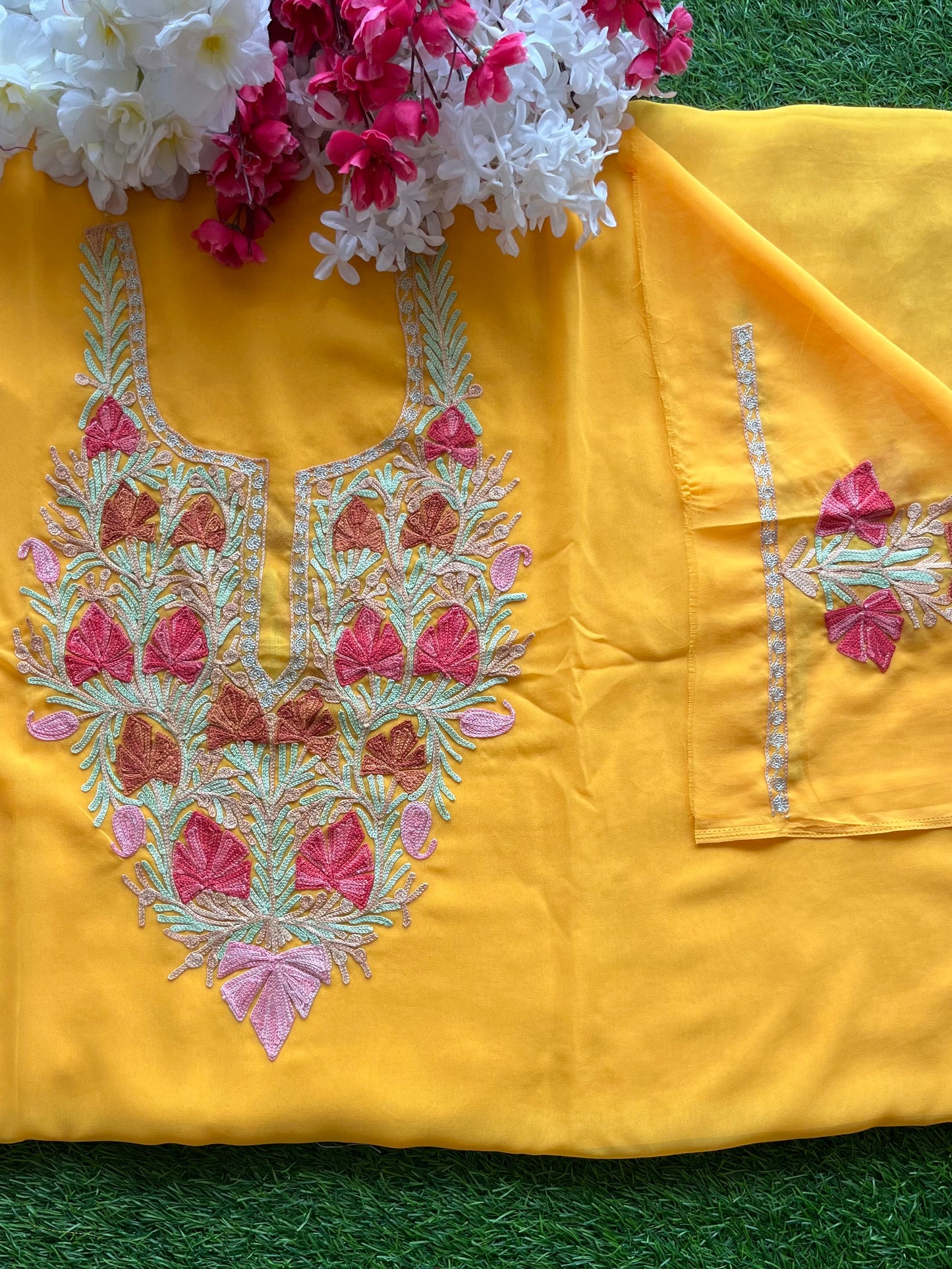 Yellow Georgette Aari Embroidered Unstitched Kurta Material