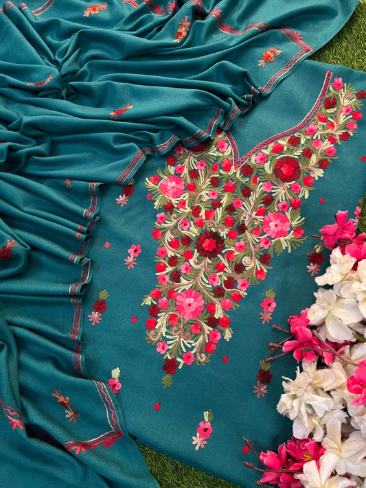 Teal Green Woollen Aari Embroidered 3pc suit