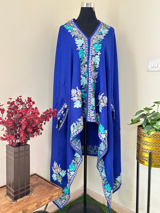 Electric Blue Aari Embroidered Pure Wool Cape