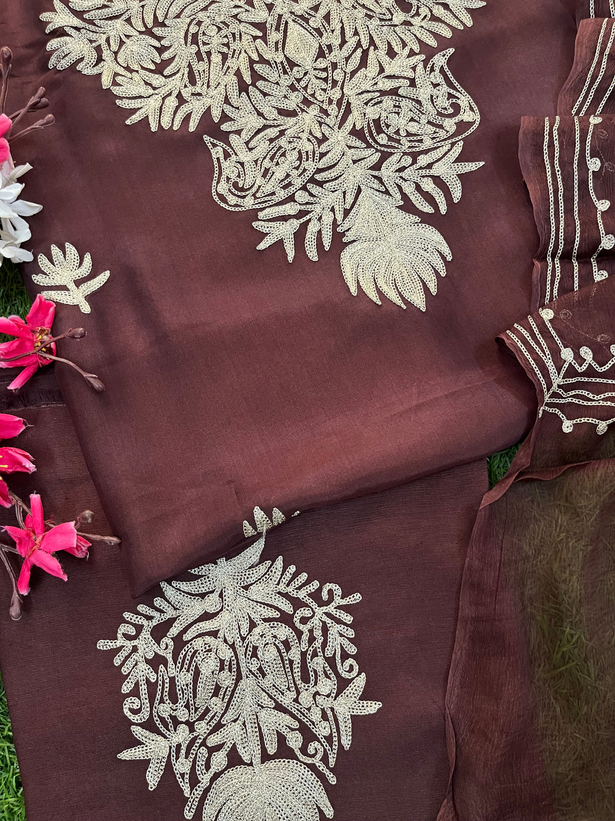 Brown Silk Tilla Kashmiri Suit