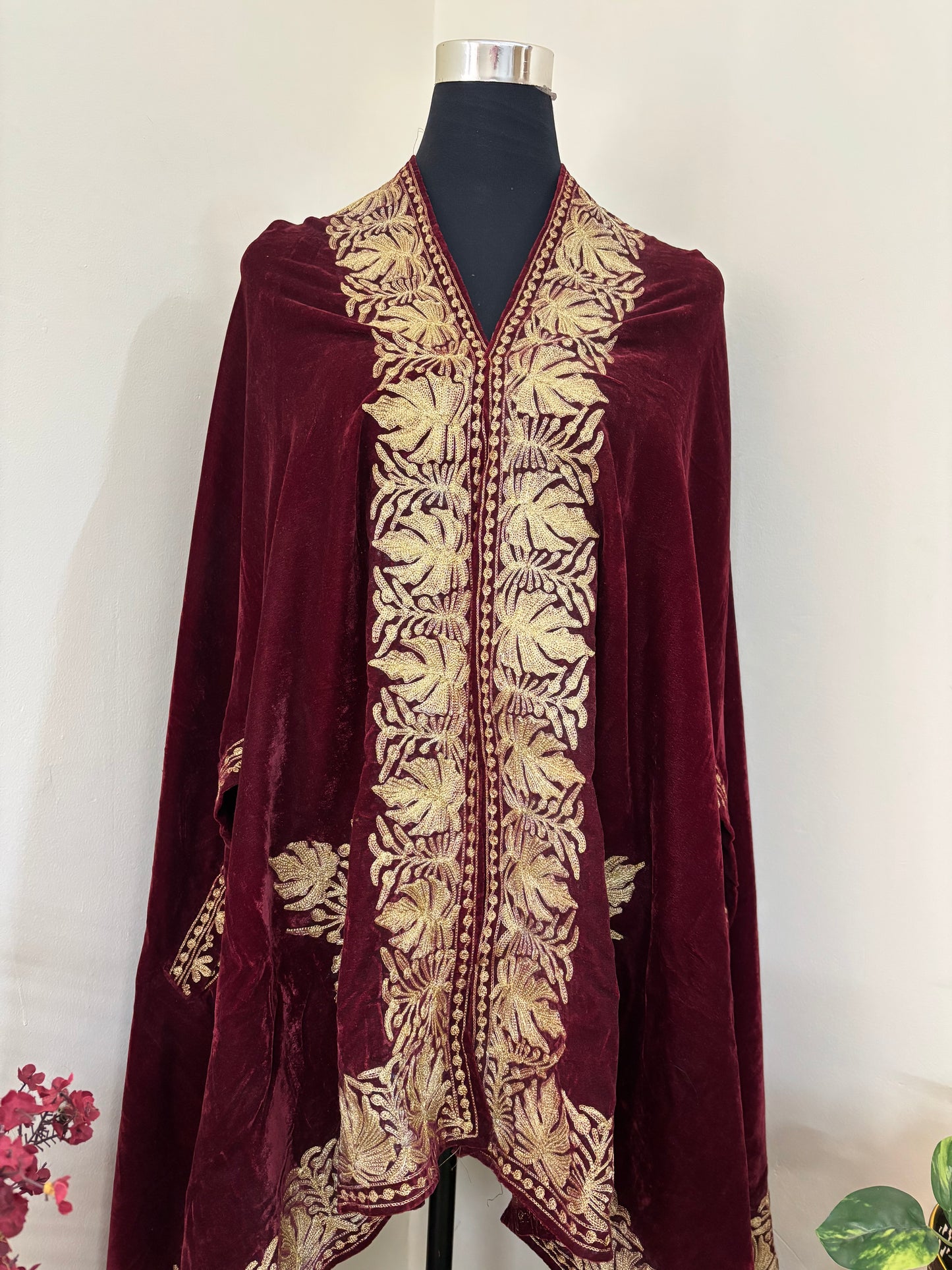 Maroon Aari Embroidered Velvet Cape