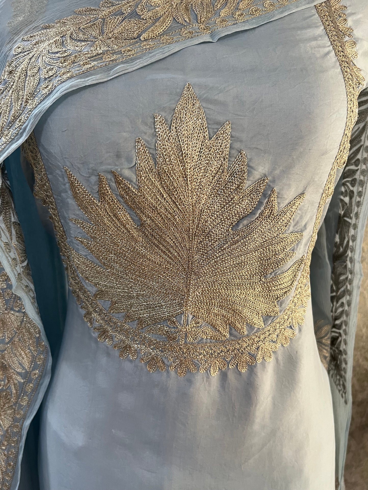 Ice Blue Sanam’ Tilla Kashmiri Silk Suit