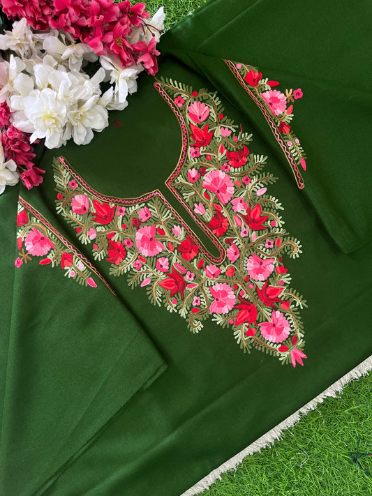 Henna Green Woollen Aari Embroidered 2pc suit 5mtr