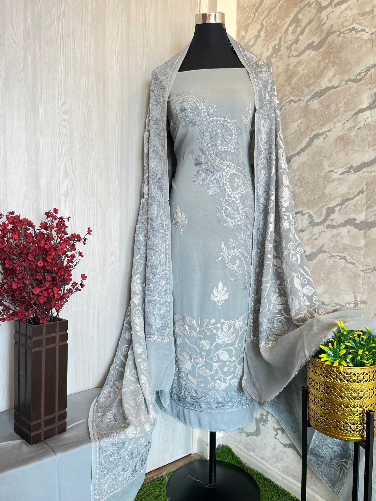 Grey Pure Georgette Aari Embroidered Suit