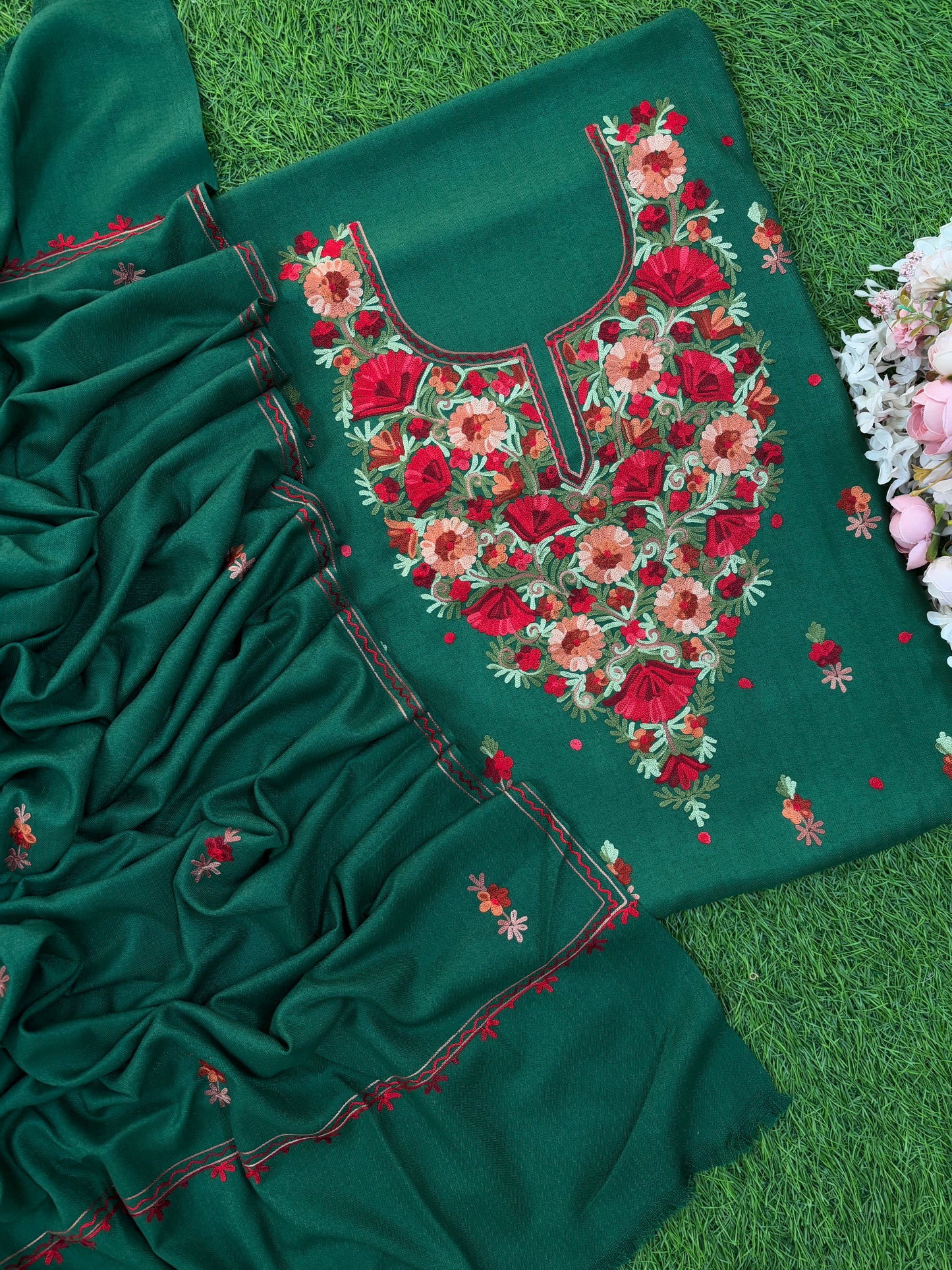 Bottle Green Woollen Aari Embroidered 3pc suit