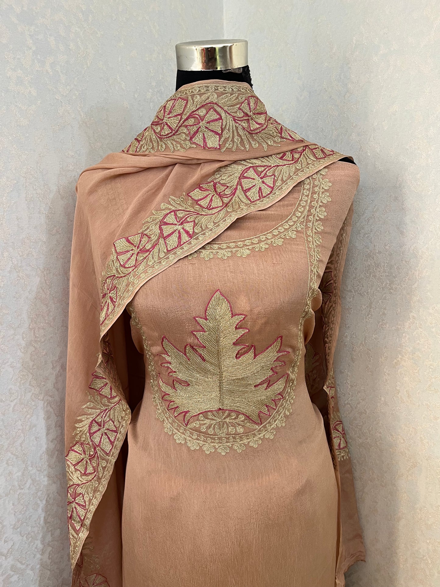 Peach Chinon 3 Pc Aari Embroidered Suit