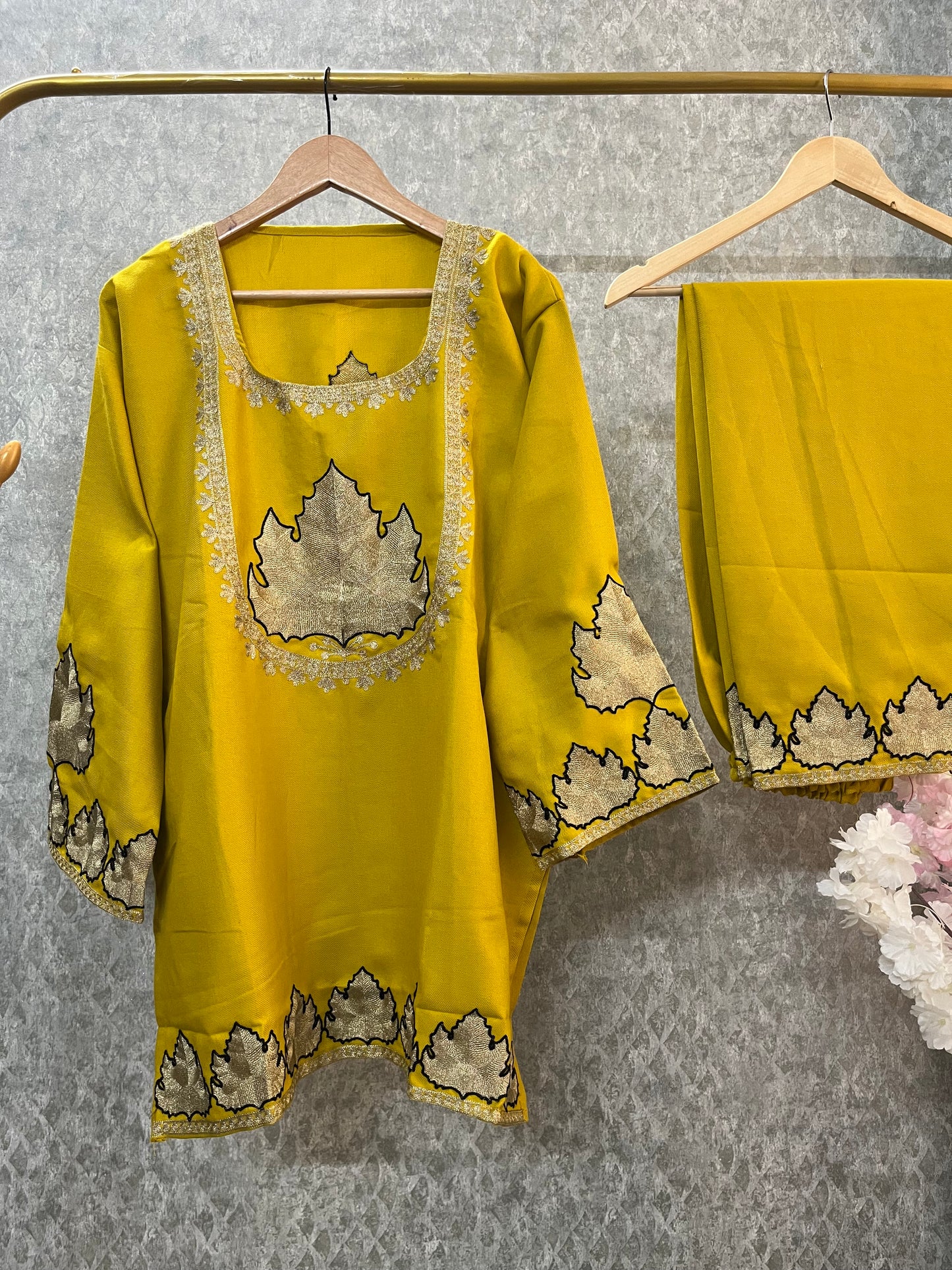 Yellow Woollen Kashmiri Co-Ord Set ( Size 44)