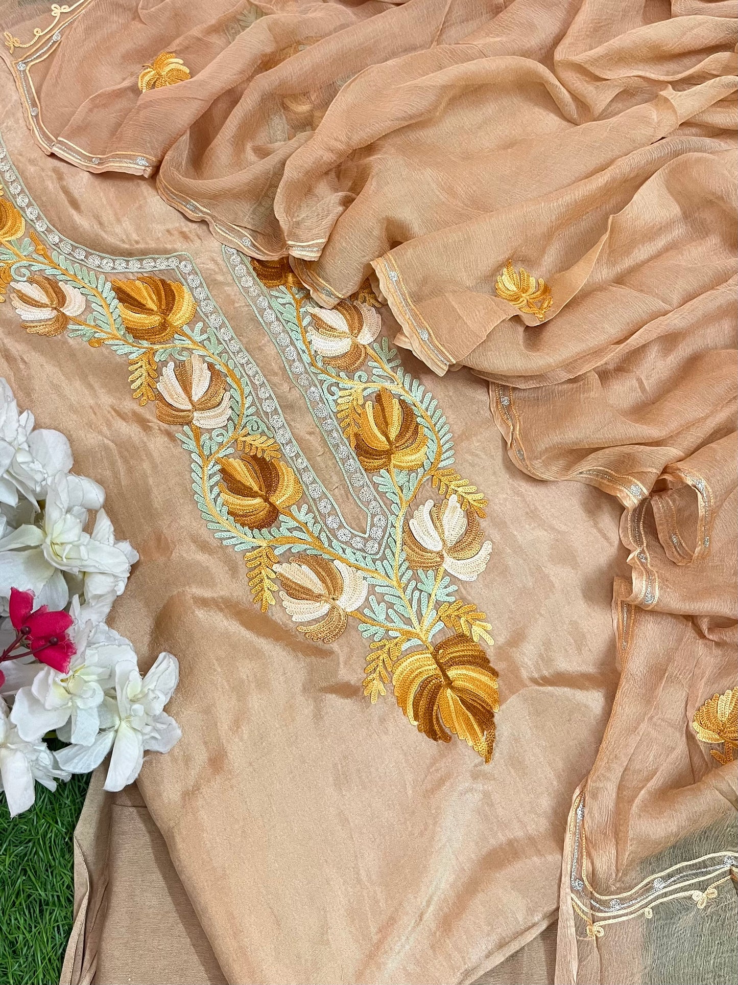 Tea Brown  Opada Silk Aari Embroidered Suit material