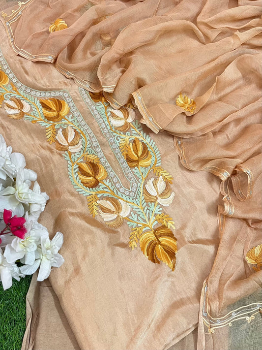 Tea Brown  Opada Silk Aari Embroidered Suit material