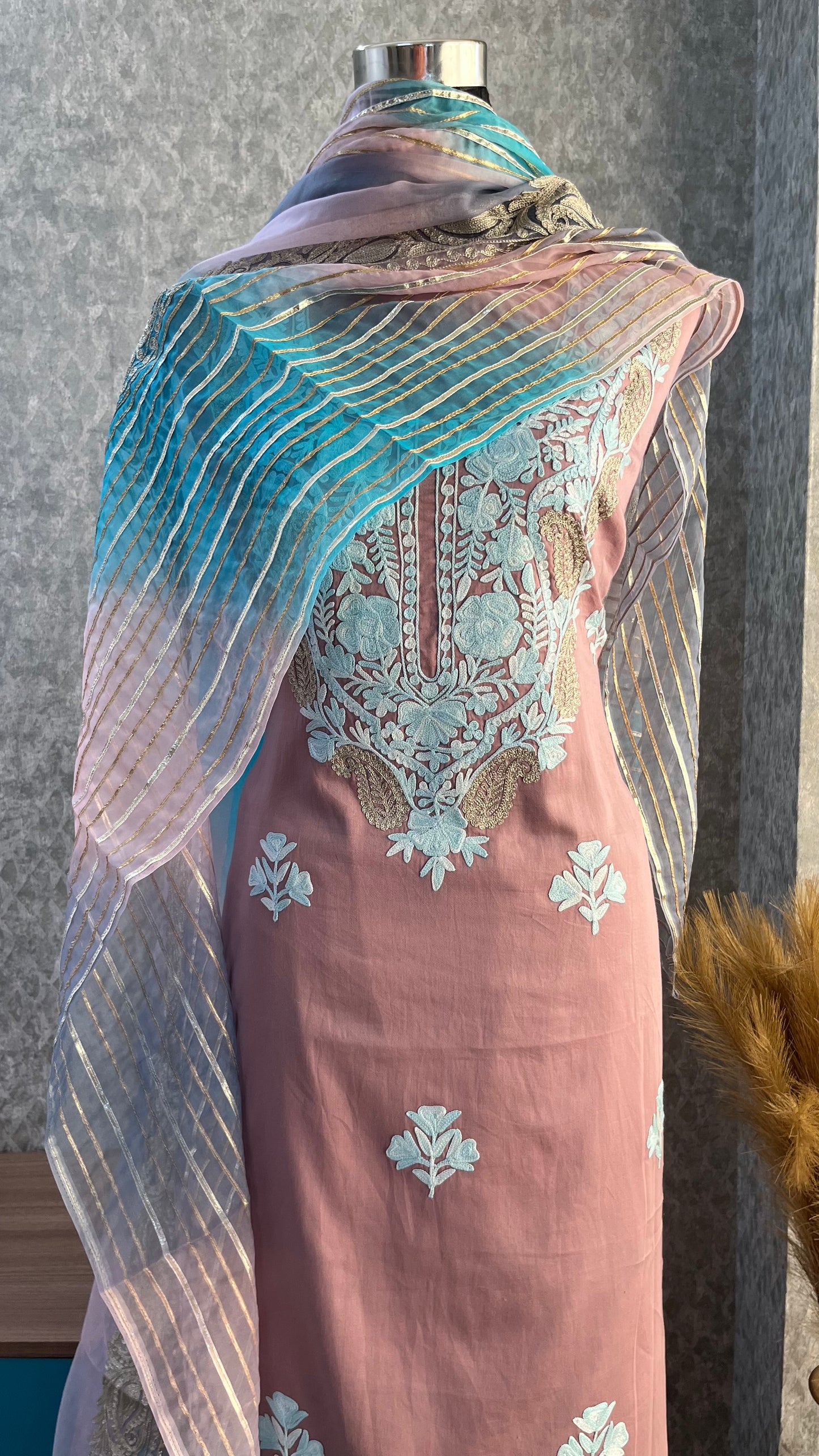 Onion Pink Satin Cotton Kashmiri Suit