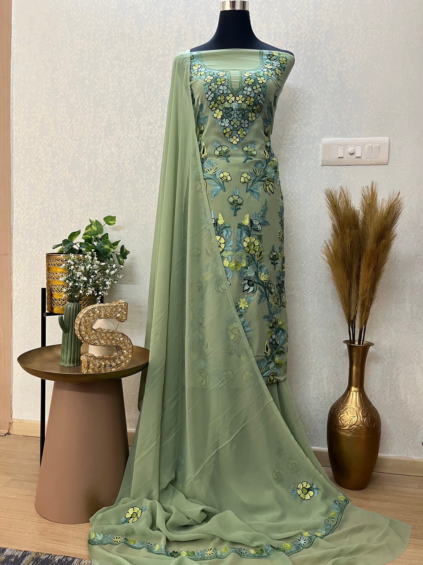 Mint Green Georgette 3 Pc Kashmiri Suit