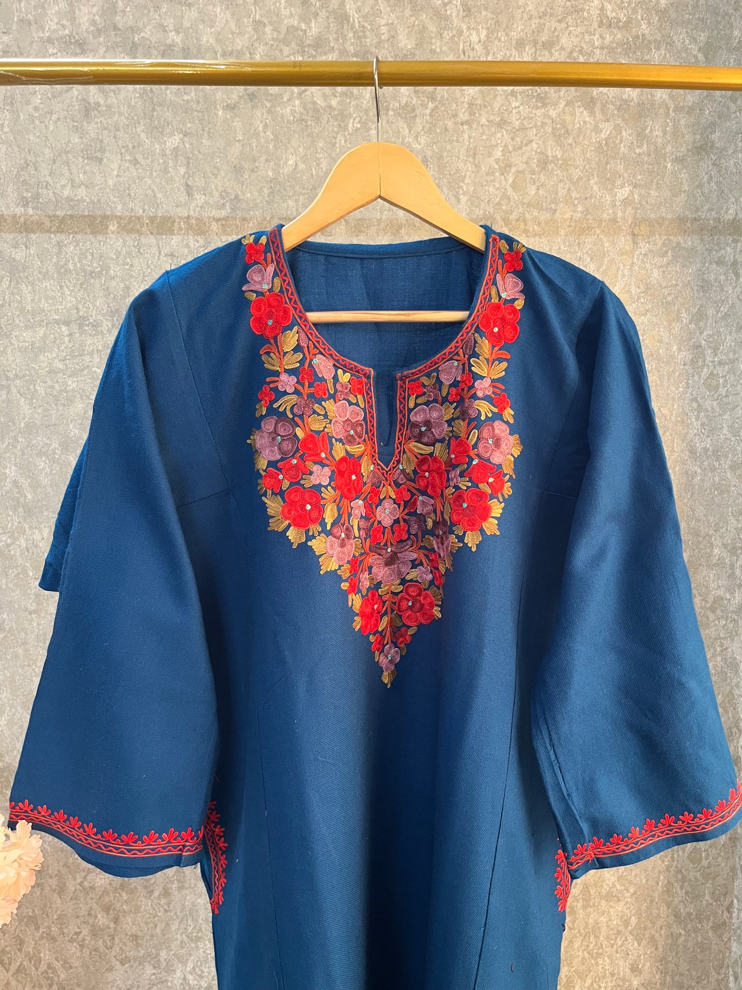 Peacock Blue Aari Embroidered Wool Pheran