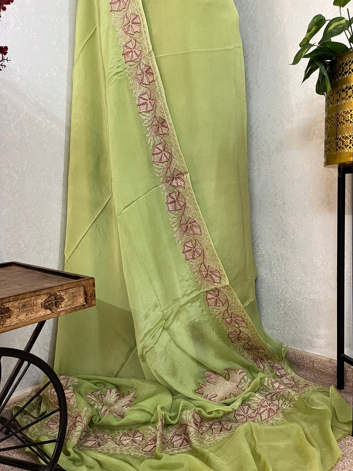 Lime Green Chinon 3 Pc Aari Embroidered Suit