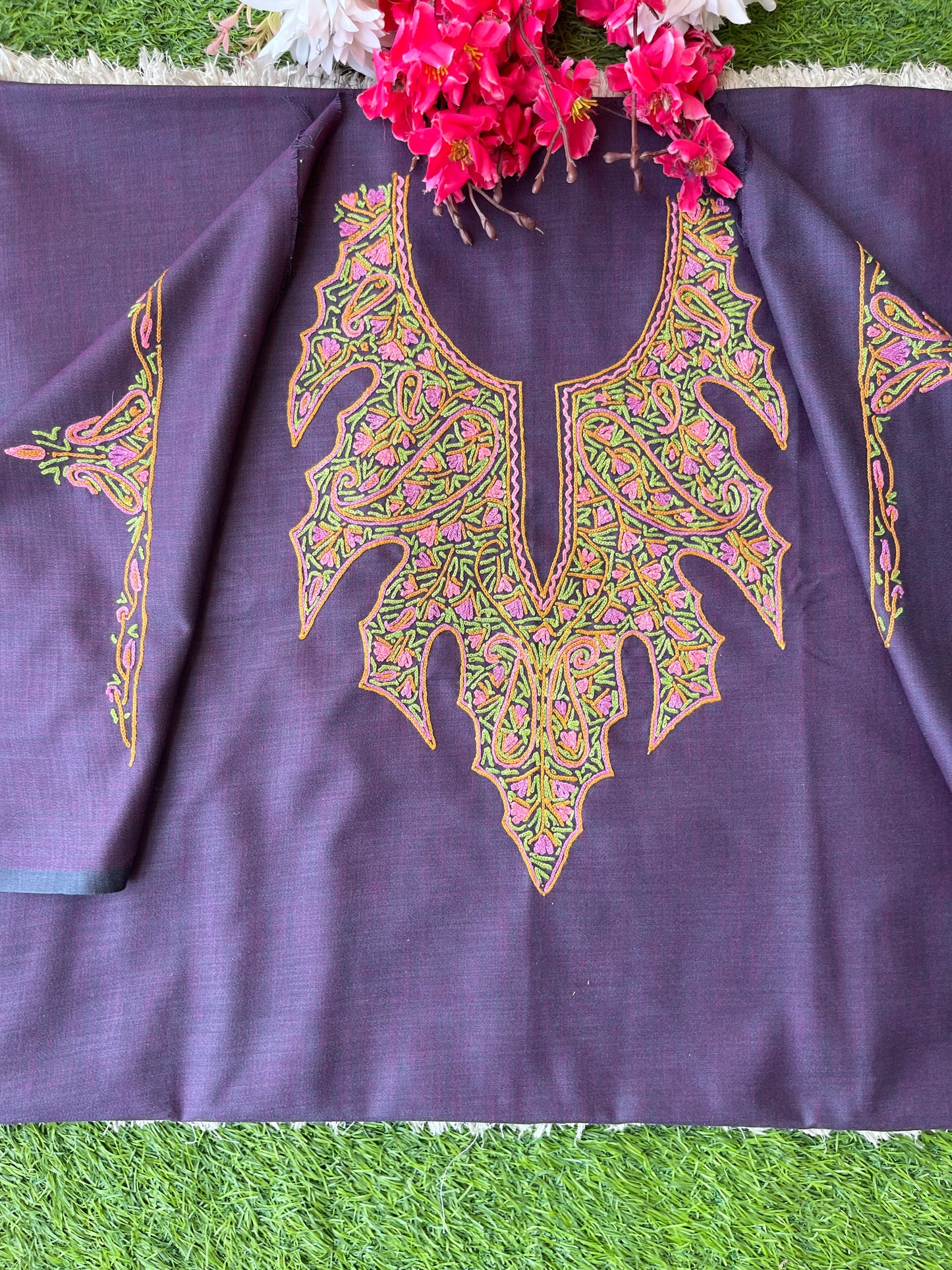 Blackish Purple Cotton Two Piece Suit (Hand Embroidered)