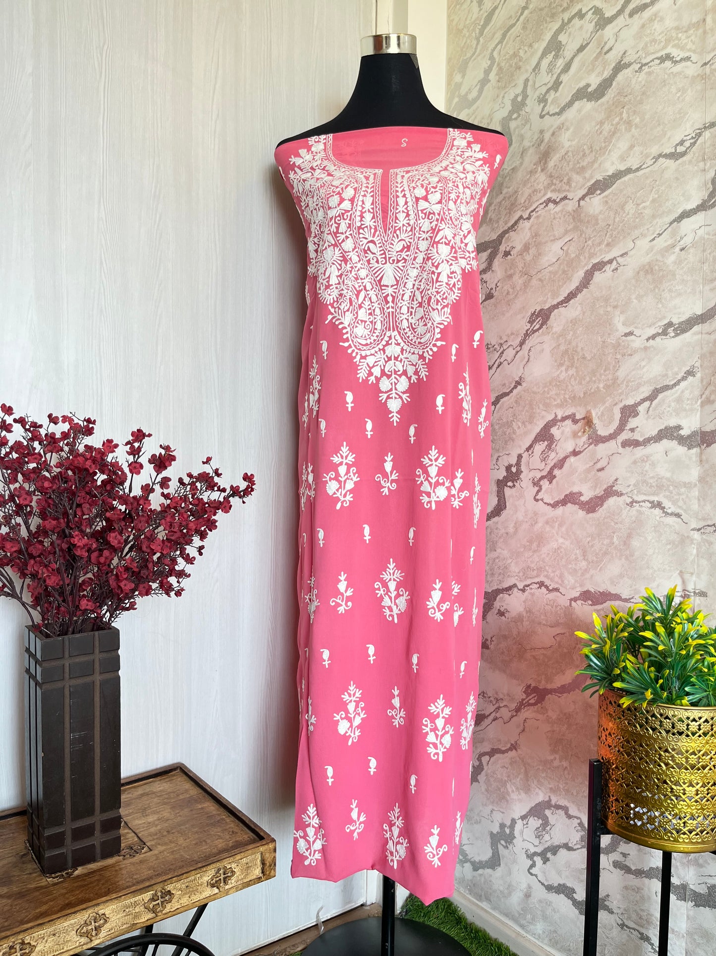 Georgette Pink All over Work Aari Embroidered Unstitched Kurta Material