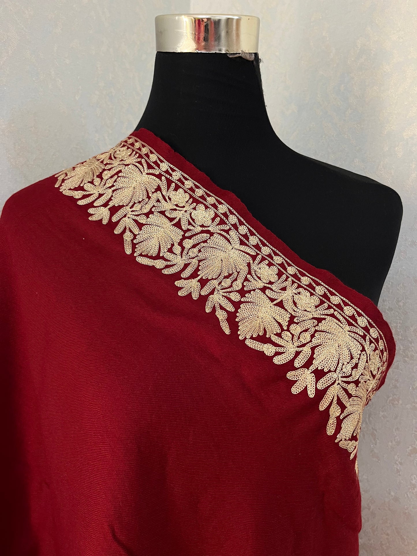 Maroon Semi Pashmina Tilla Embroidered stole