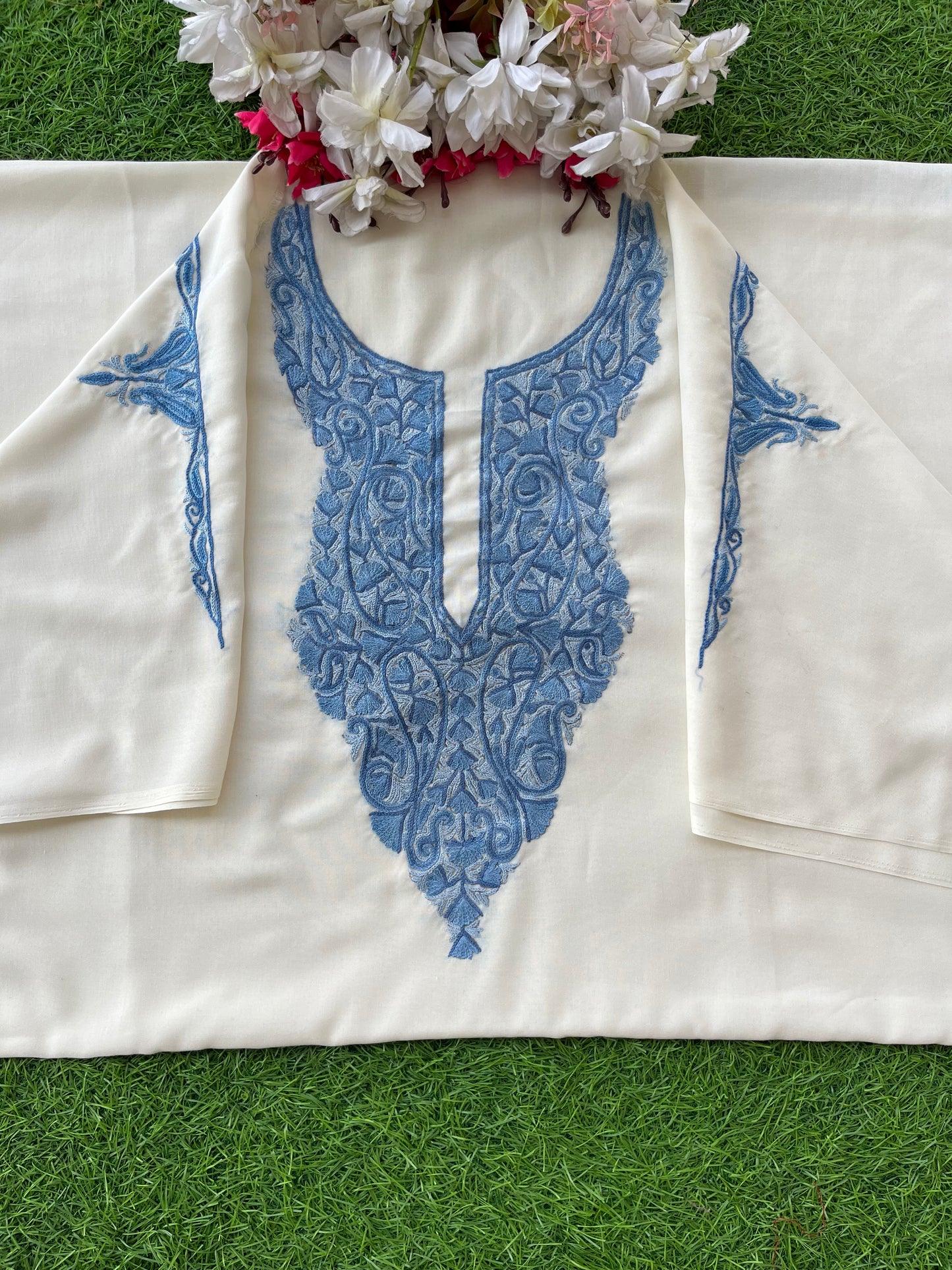 Off White Cotton Two Piece Suit (Hand Embroidered)