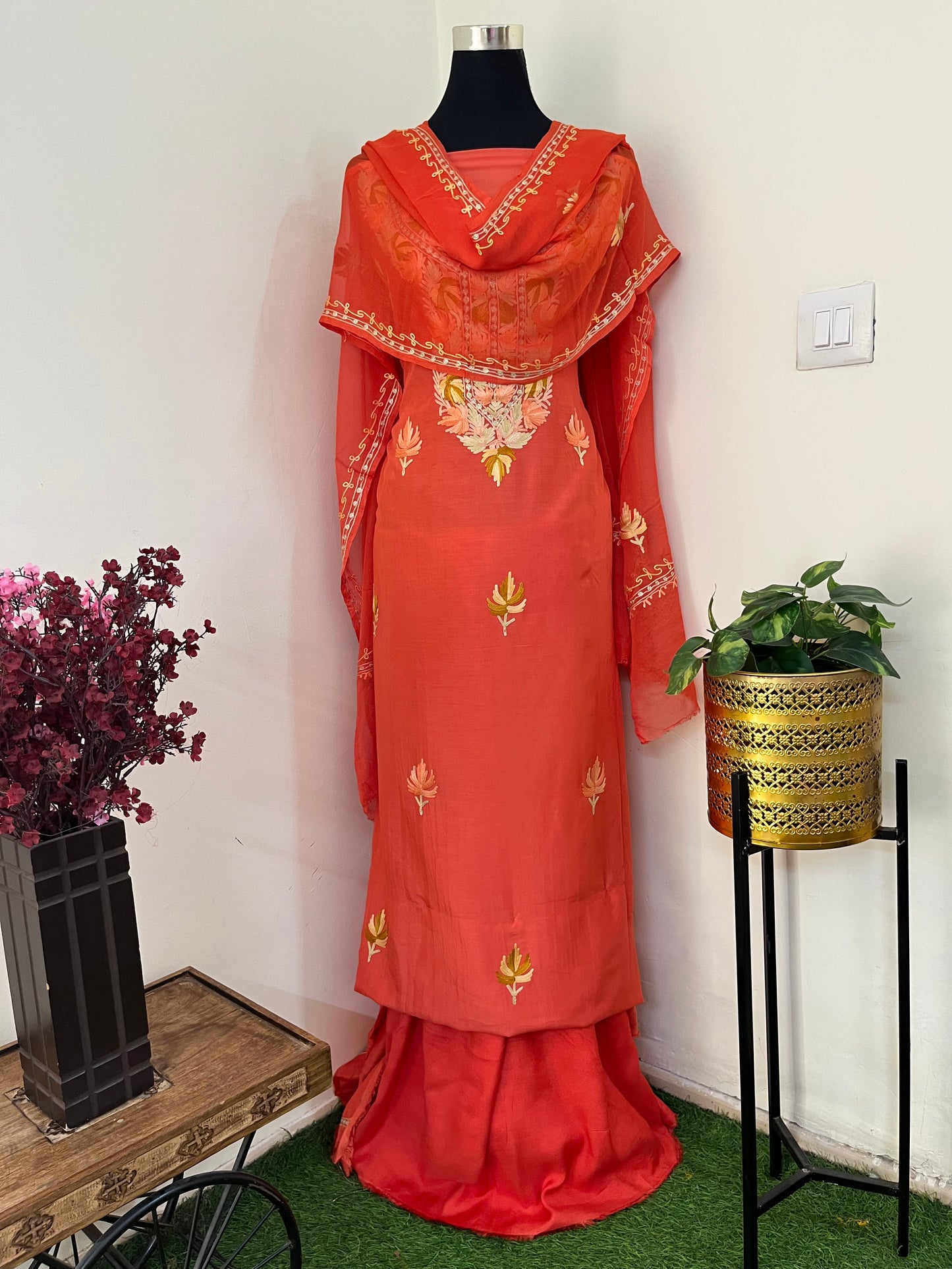 Soft Orange Muslin Cotton Aari Embroidered 3pc set