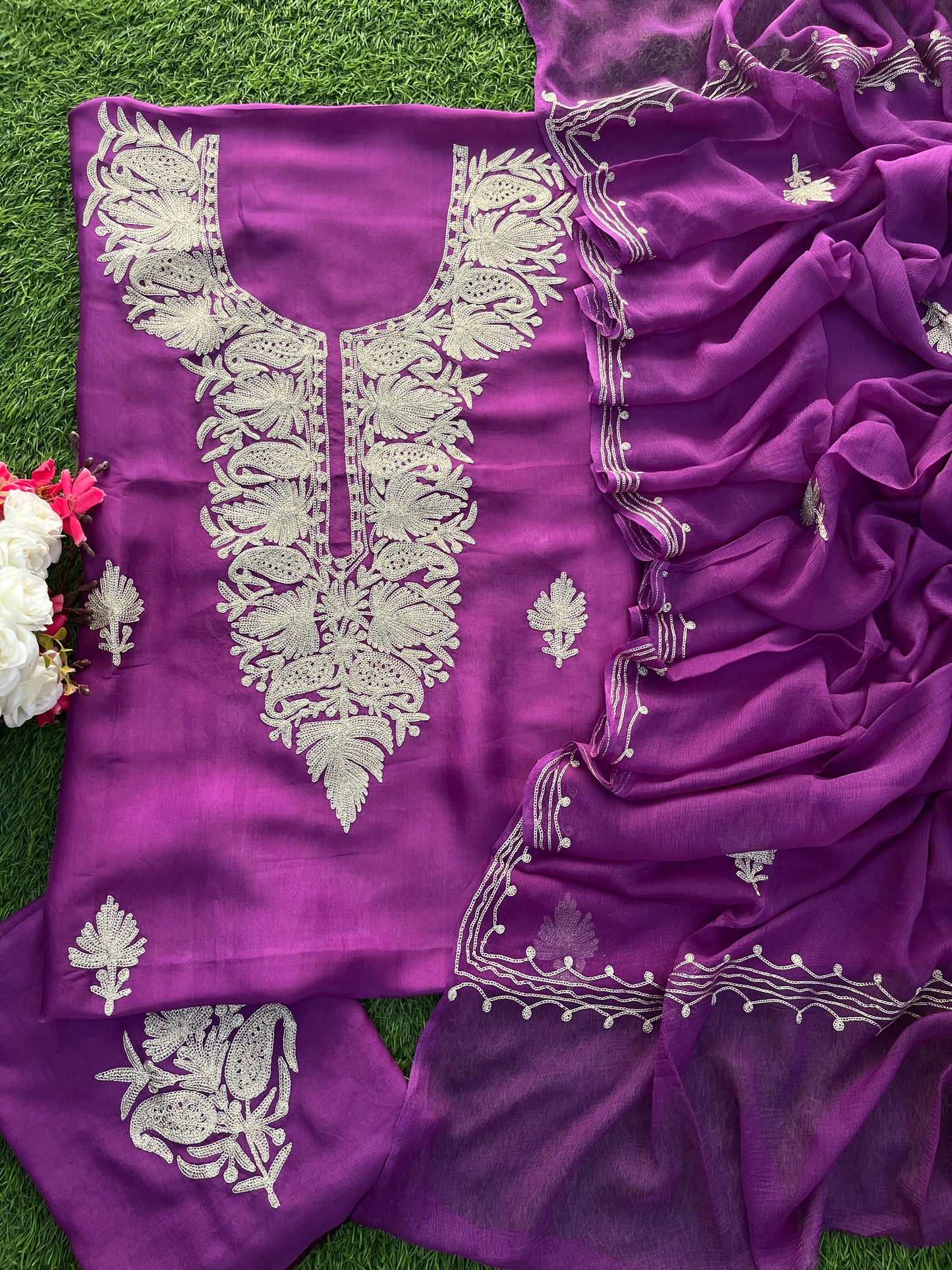 Purple Silk Tilla Kashmiri Suit